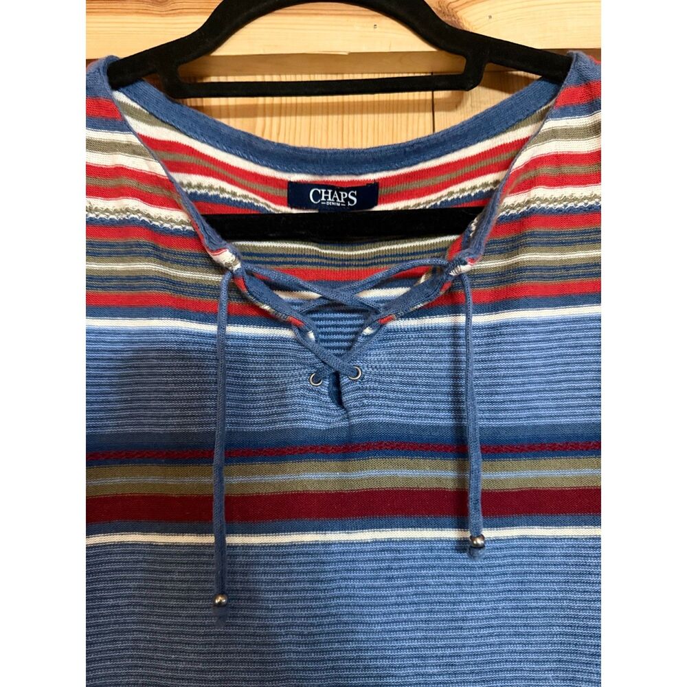 Chaps Retro Sleeveless Denim Shirt Multicolor Striped Tank Coastal Linen Sz L - Picture 2 of 4